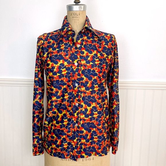 Vintage 1970s blueberry and flower print disco shirt - size small - Picture 1 of 9